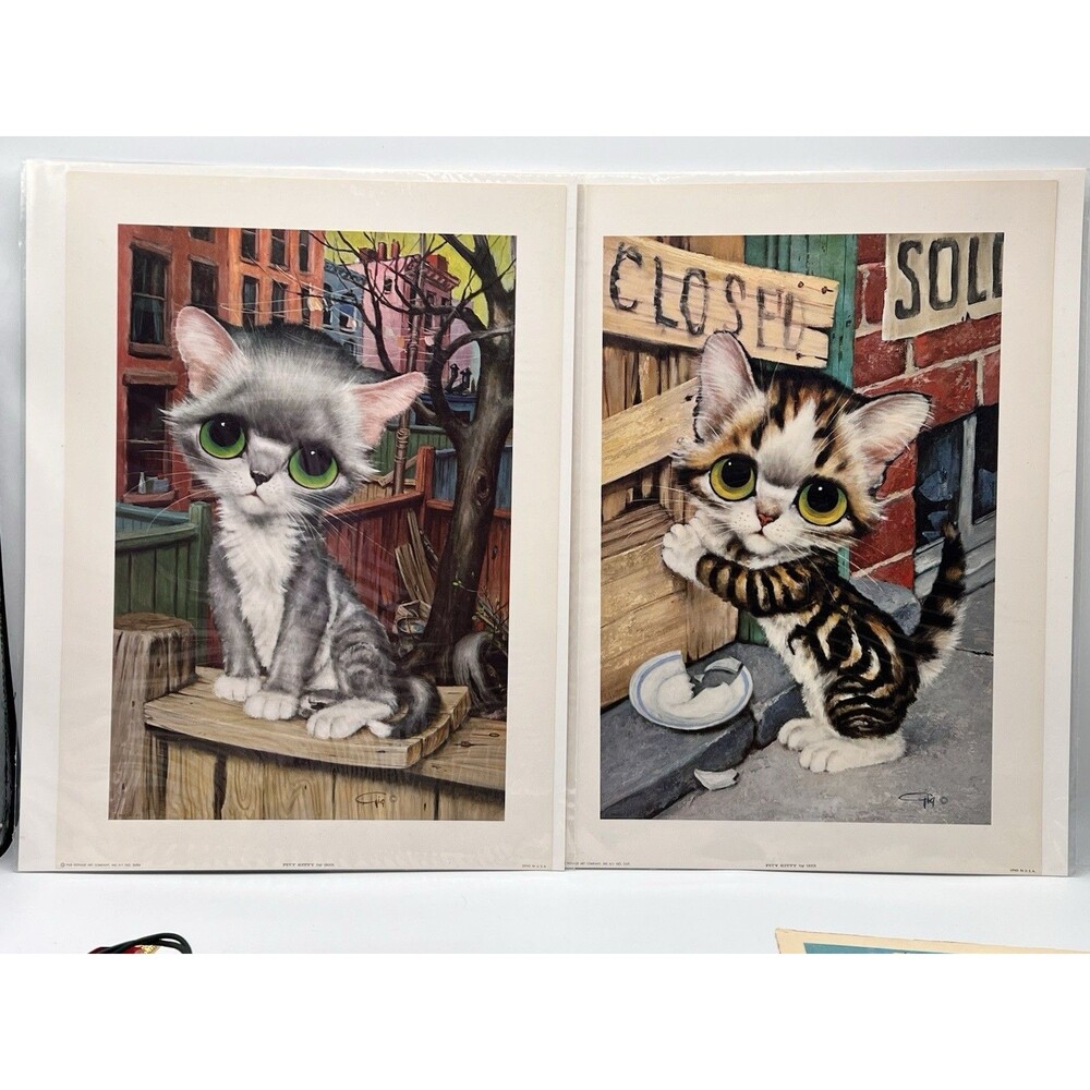 Rare Vintage 1960s Gig "Pity Kitty" Lithograph Set of 2 New Old Stock Kitsch Art